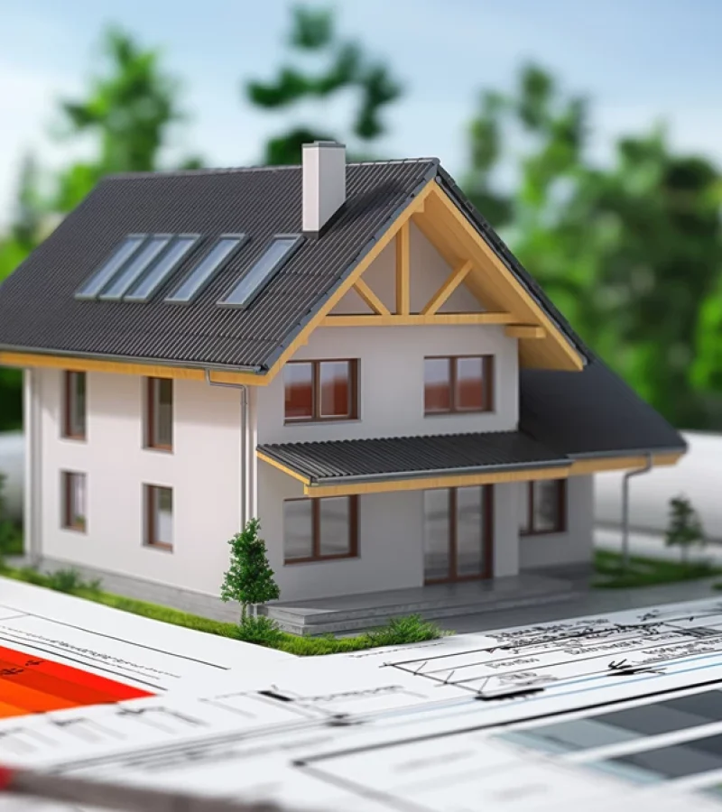 Projekt domu oraz dokumentacja związana z audytem energetycznym na tle zieleni.