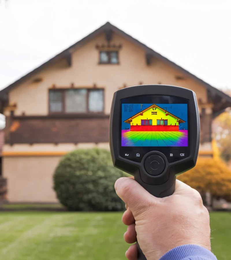 Audyt energetyczny domu przeprowadzany za pomocą kamery termowizyjnej pokazującej obszary strat ciepła.